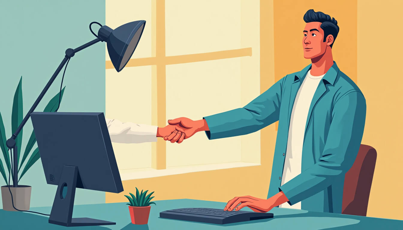 Guy shaking hands with a hand coming out from a monitor. Image Description: Crafting Content That Are Relevant To Your Brand And Market | Outrank Strategy 