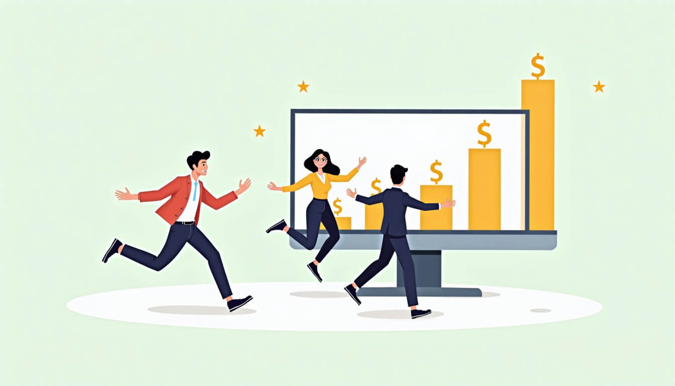Three people jumping and a monitor showing good profit and dollar signs. Image Description: SEO Success | Outrank Strategy