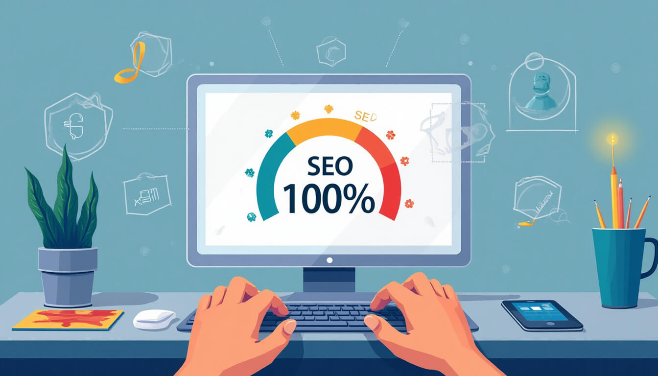 hands typing on a keyword and the monitor showing “SEO 100%” Image Description: Do SEO Tools Work? | Outrank Strategy