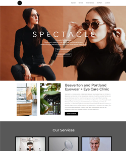 Screenshot of a Beaverton and Portland eyewear and eye care clinic website featuring a “Spectacle” hero banner with a woman wearing glasses, clinic information, eyewear imagery, and an Our Services section
