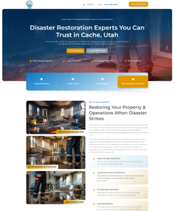 Screenshot of a Cache, Utah disaster restoration website featuring emergency restoration services, property recovery after disasters, water and fire damage restoration imagery, and service information