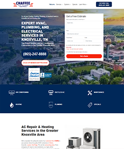 Chaffee Heating, Cooling & Plumbing website homepage featuring HVAC, plumbing, heating, and air conditioning services in Knoxville, Tennessee, with an estimate request form and service area information.