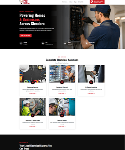 Homepage layout for Pro Electric Services Inc., a professional electrician company in Glendora, featuring an electrician repairing a breaker panel and a grid of commercial and residential electrical solutions.